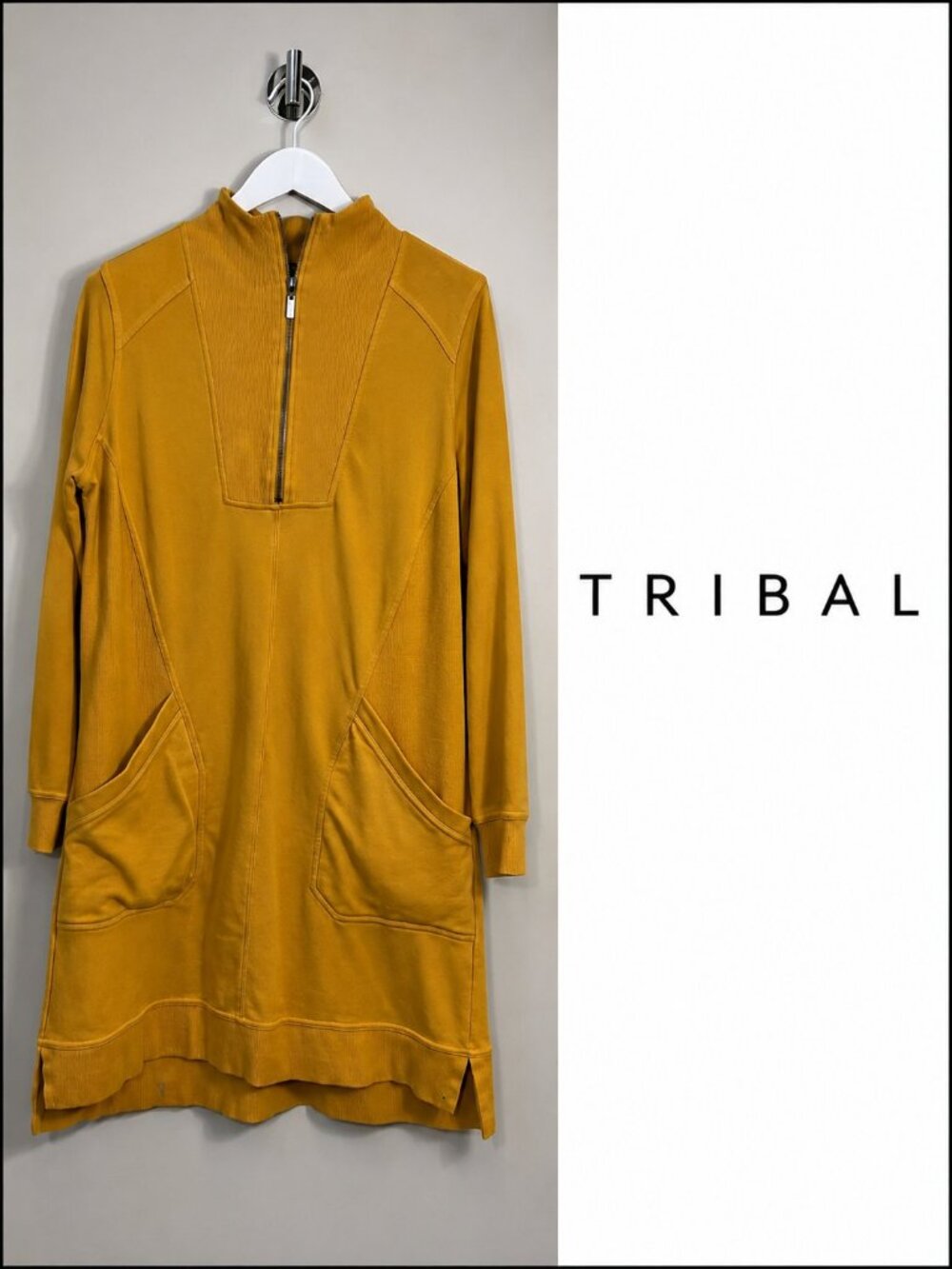 TRIBAL Mustard Yellow Quarter Zip Sweatshirt Dress Tunic Size Large